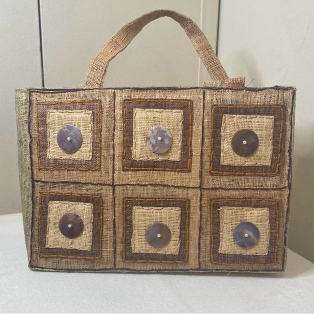 Handcrafted Tan and Brown Jute Bag with decorative buttons